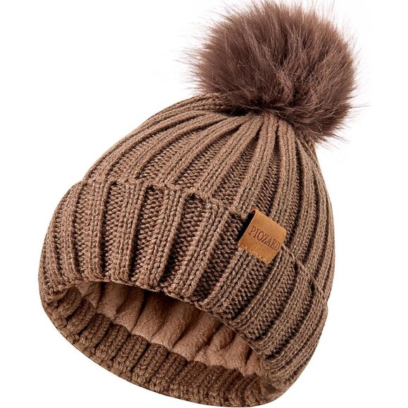 Women\'s Winter Dark Brown Beanie Fleece Lined Skull Faux Fur Pom Cuff Hat Cap main image 7